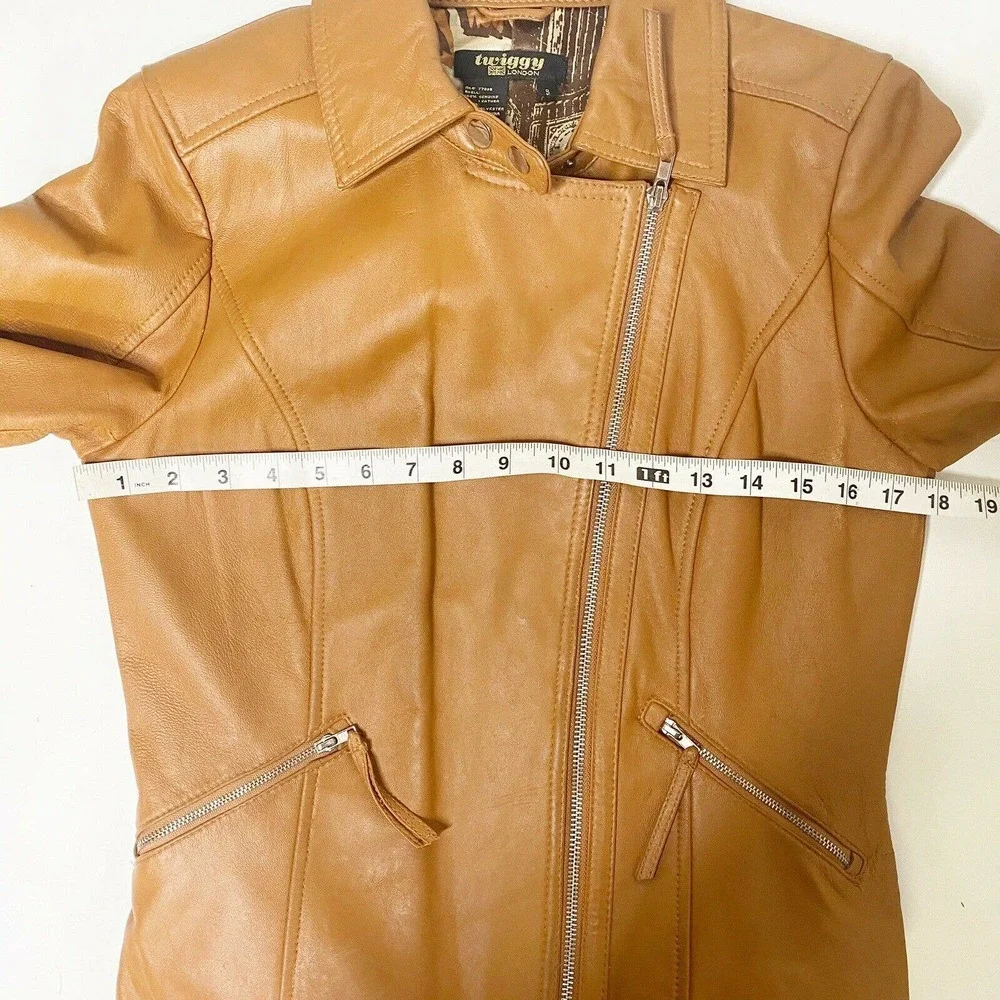 Twiggy of London Tan Leather Full Zip Moto Jacket Hipster Biker Punk Rock Small - Picture 6 of 12